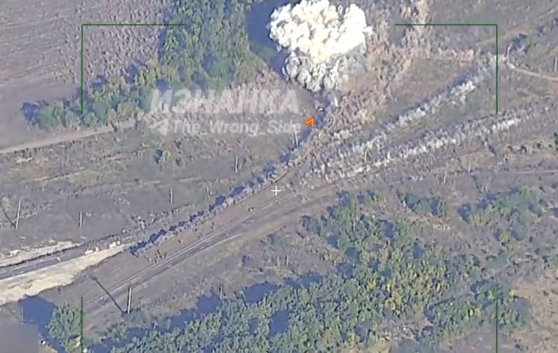 Footage of a Russian air strike on a Ukrainian train carrying military equipment has appeared on the Internet.