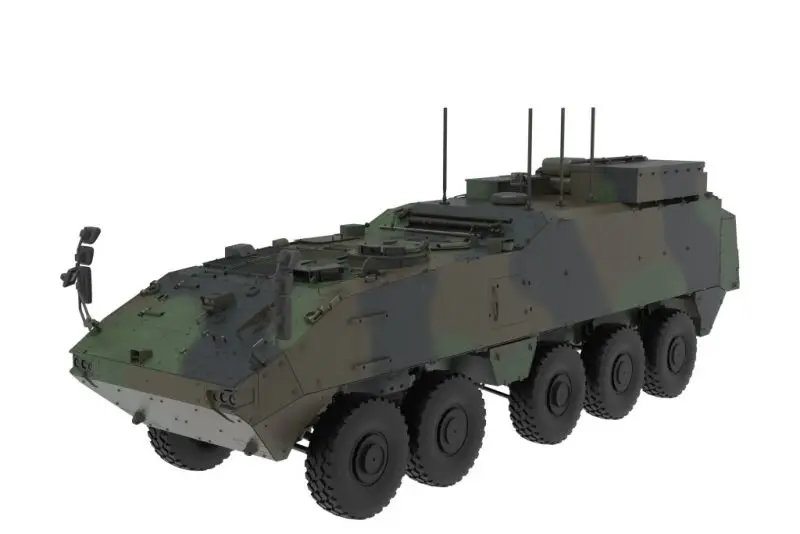 Tiene una suspensión multibrazo única: presentó una versión pesada del vehículo blindado de transporte de personal Piranha.