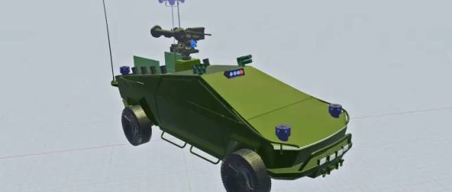 Fantasia sobre o tema: caminhonete de combate baseada no Tesla Cybertruck