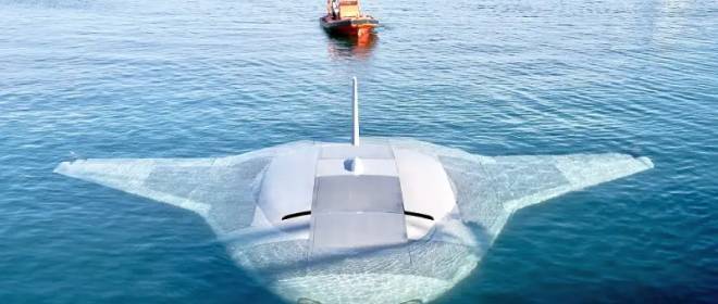 미 해군을 위해 개발된 프로토타입 수중 드론의 테스트 영상이 표시됩니다.
