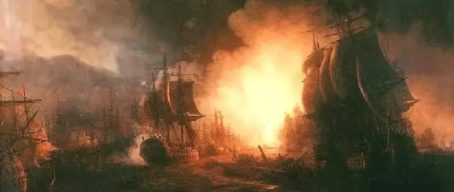 Chesma: uno de los cuatro barcos incendiarios logró atravesar la barrera.