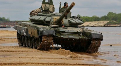 Tank T-72B3 during a river crossing exercise