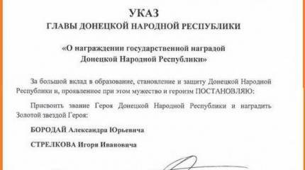 СМИ: Стрелкову и Бородаю присвоены звания героев ДНР