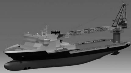 Показано изображение предполагаемого к строительству универсального морского транспорта проекта 23120С