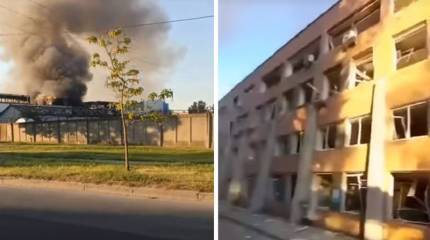 Горящий после ракетного удара завод «Мотор Сич» на Украине попал на видео