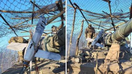 В Сети появились снимки российского дрона «Ланцет», якобы не сумевшего поразить САУ Crab ВСУ из-за «противодроновой» сетки