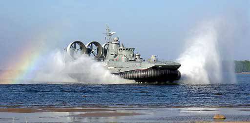 Landing ship scared holidaymakers on the beach near Kaliningrad