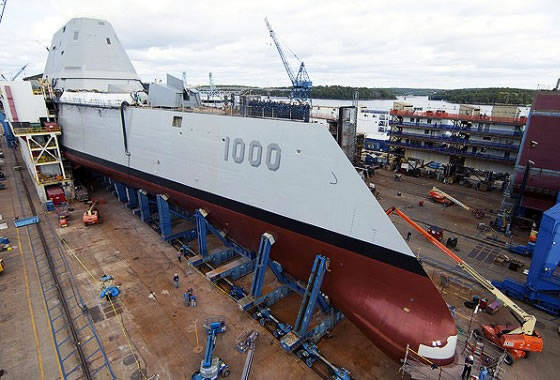 At the Bat Iron Works shipyard the Zumwalt class lead destroyer was launched