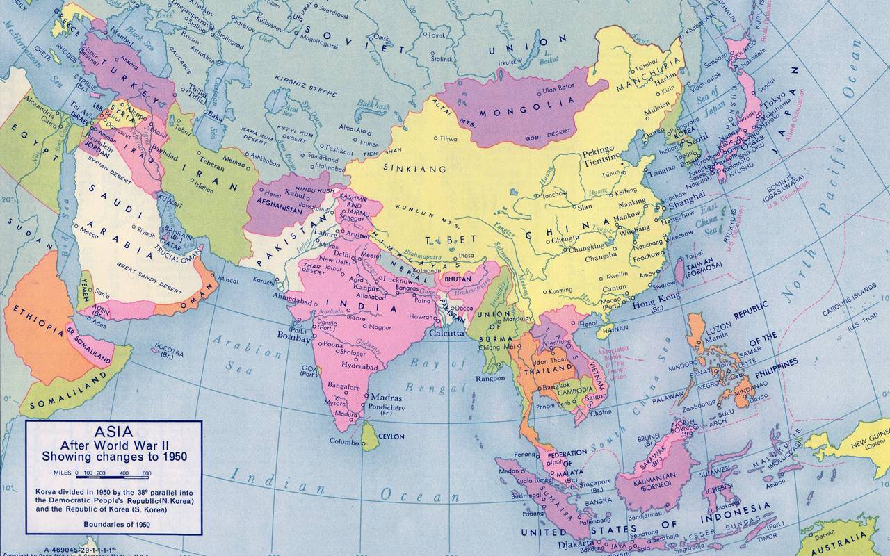 1950’te Japonya ve komşu ülkelerin haritası. Yarım yüzyıl önce, neredeyse bütün devletlerin sınırları farklı görünüyordu.