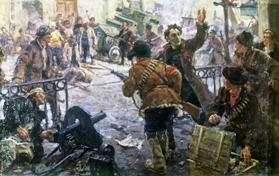 Репродукция картины Г. Савицкого «Бой на Кудринской площади в Москве. Октябрь 1917 года»