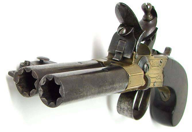 English double-barreled flint pistols with boxlock lock
