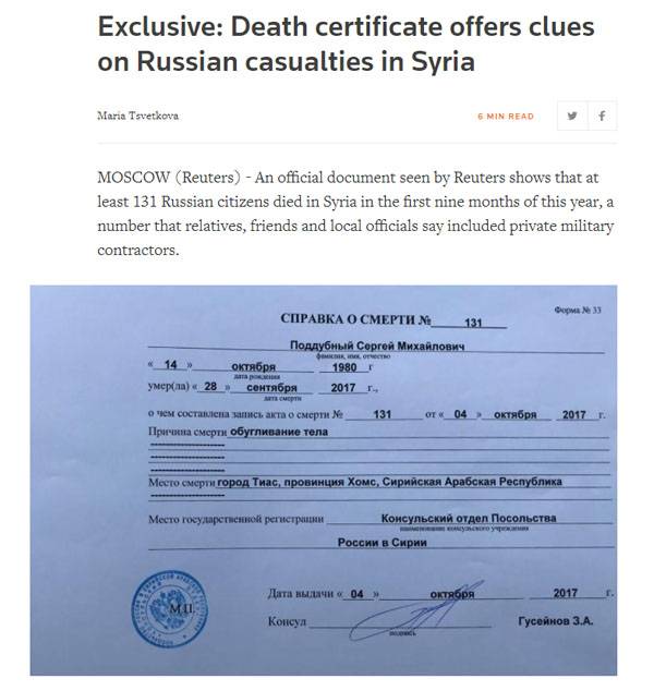 Reuters considera i "mercenari" russi morti in Siria