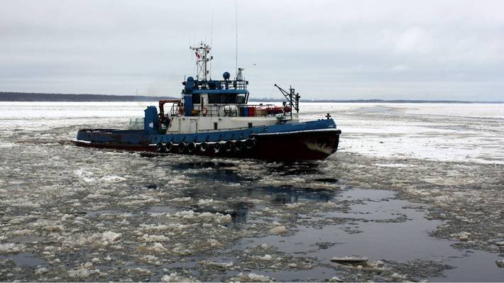 Tugs of the Pacific Fleet clear ice from fairways in bays where warships are based