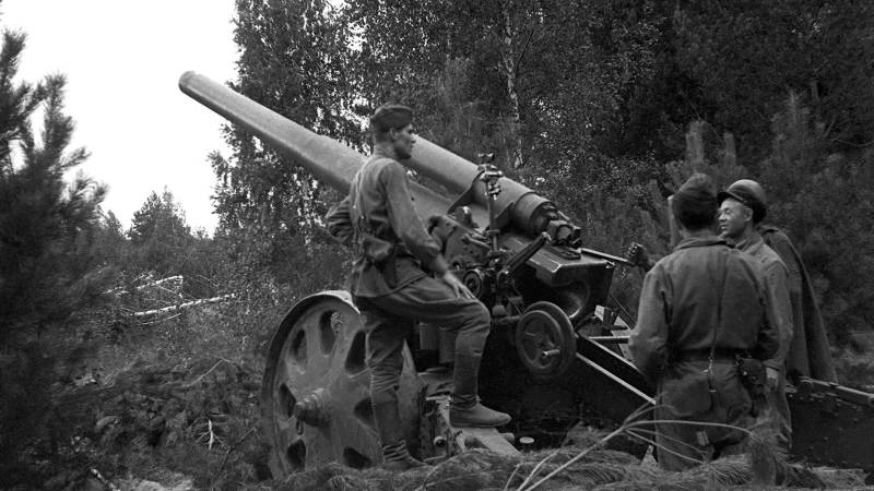Captured 105-mm cannons and 150-mm heavy field howitzers in service in the Red Army