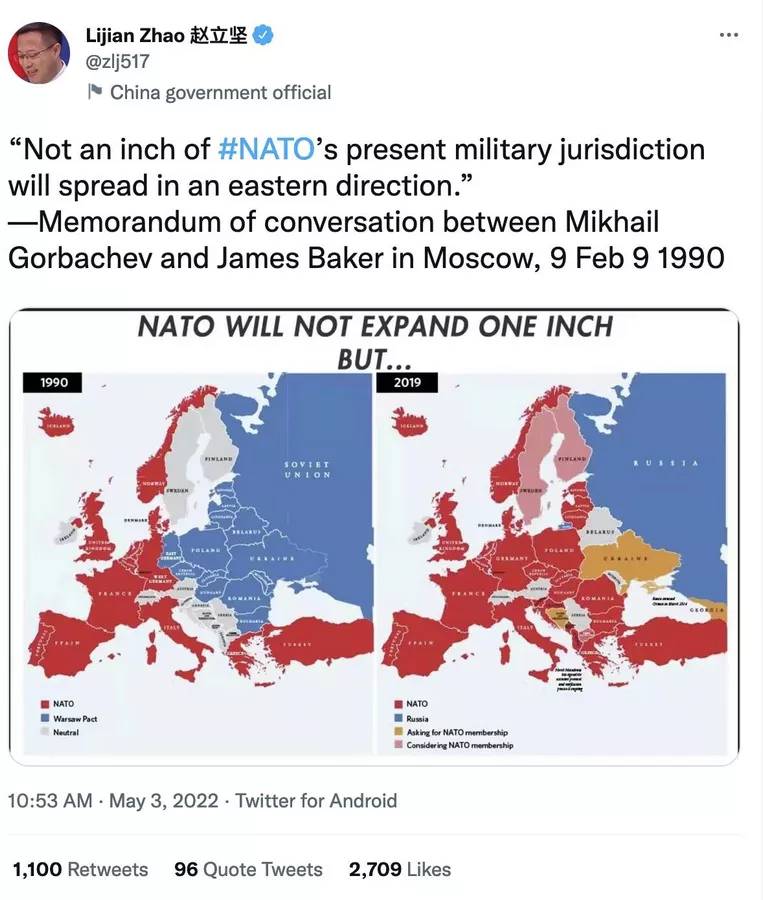 Представитель МИД КНР на карте продемонстрировал, чего стоят обещания НАТО «не расширяться ни на дюйм»