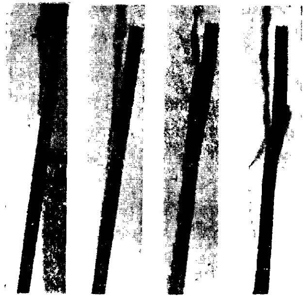 X-ray pattern of a cumulative jet ricochet from a steel plate. Look from left to right. Source: "Particular questions of final ballistics" V.A. Grigoryan, A.N. Beloborodko and others.