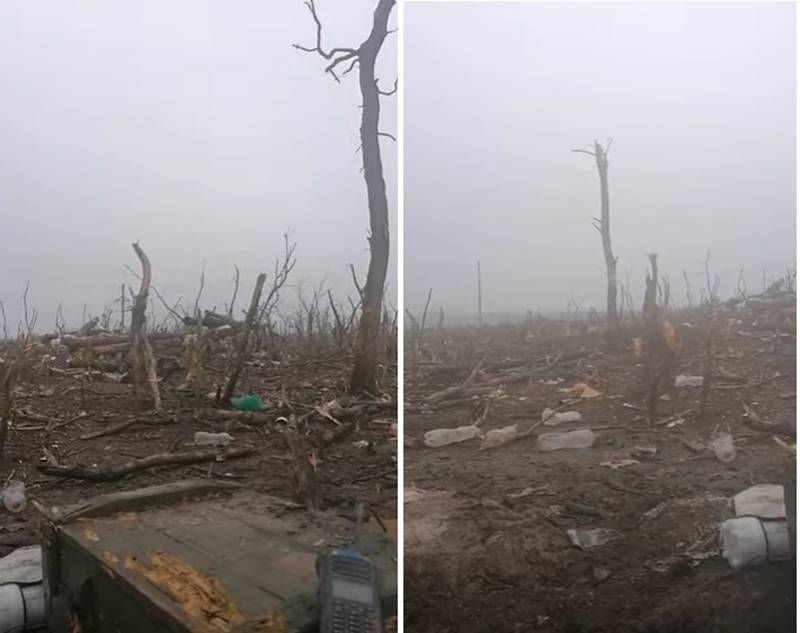 숲 농장 중 하나에서 우크라이나 위치에 대한 RF 군대의 포병 화재 영향의 결과가 표시됩니다.