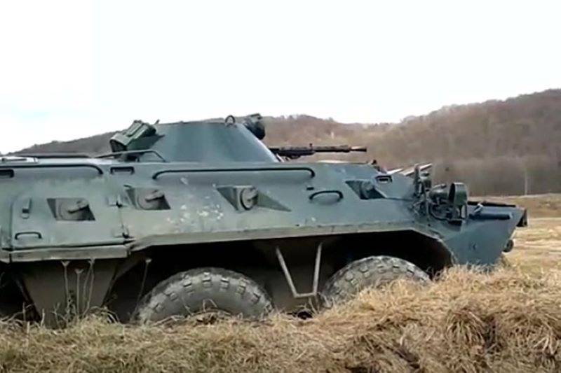 An armored personnel carrier with Russian border guards blew up on a mine in the Kursk region