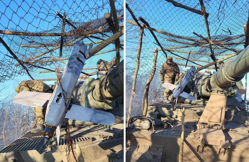 Pictures of the Russian Lancet drone appeared on the Web, allegedly failing to hit the Crab self-propelled guns of the Armed Forces of Ukraine because of the “anti-drone” grid