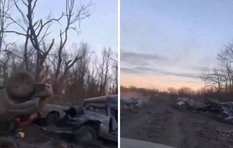 Ukrajinská armáda ukázala desítky nabouraných aut svých „bratrů“ na poslední silnici řízené ozbrojenými silami Ukrajiny z Bachmutu