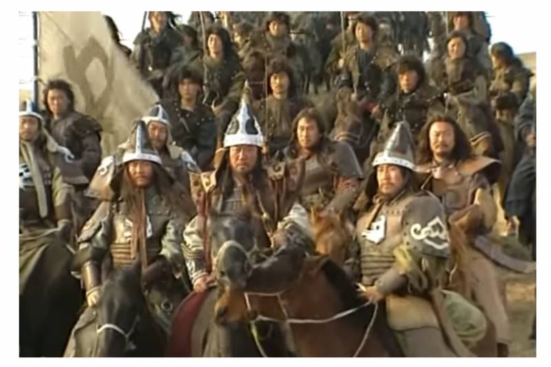 Mongolen op mars. Een opname uit de serie "Genghis Khan", geproduceerd door Mongolië en China.