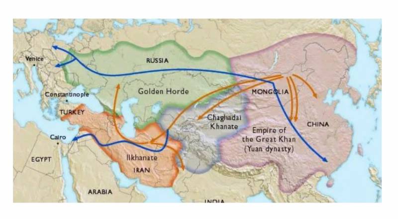 Krátký věk mongolského světového systému. Jedna z map, které lze najít na internetu. Zobrazuje země, do kterých se rozpadla krátkodobá „nomádská říše“ Mongolů.