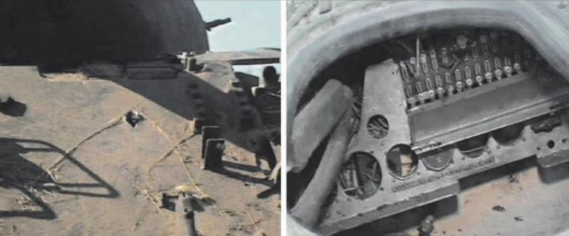 Treffer van de ATGM "Konkurs" in het gebied waar de bestuurder zich bevindt. De cumulatieve straal doorboorde het pantser en stopte alleen in de tankmotor in de achtersteven. Het merendeel van de bemanning zou dodelijk of ernstig gewond zijn geraakt: de chauffeur, schutter en commandant.