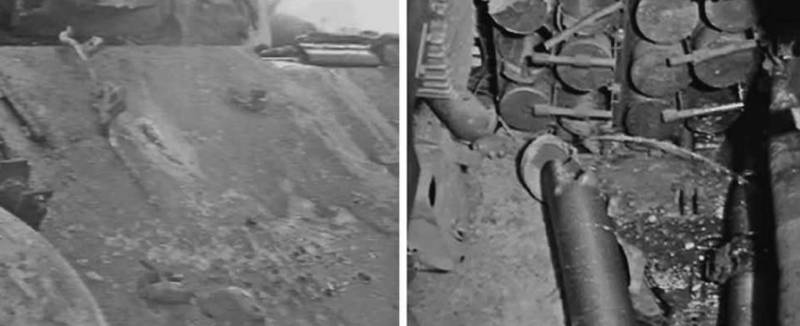 Попадание 152-мм кумулятивного снаряда в верхнюю лобовую деталь корпуса. Броня пробита, кумулятивная струя попала в бак-стеллаж с боекомплектом и топливом. Последствия понятны.