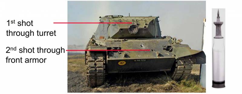 Juste, comme on dit, une image pour l'intérêt. Frappe sur la tourelle et la coque du char Leopard 1 de son jeune frère Leopard 2A5 à partir de 1000 mètres avec des obus américains KEW-A2.