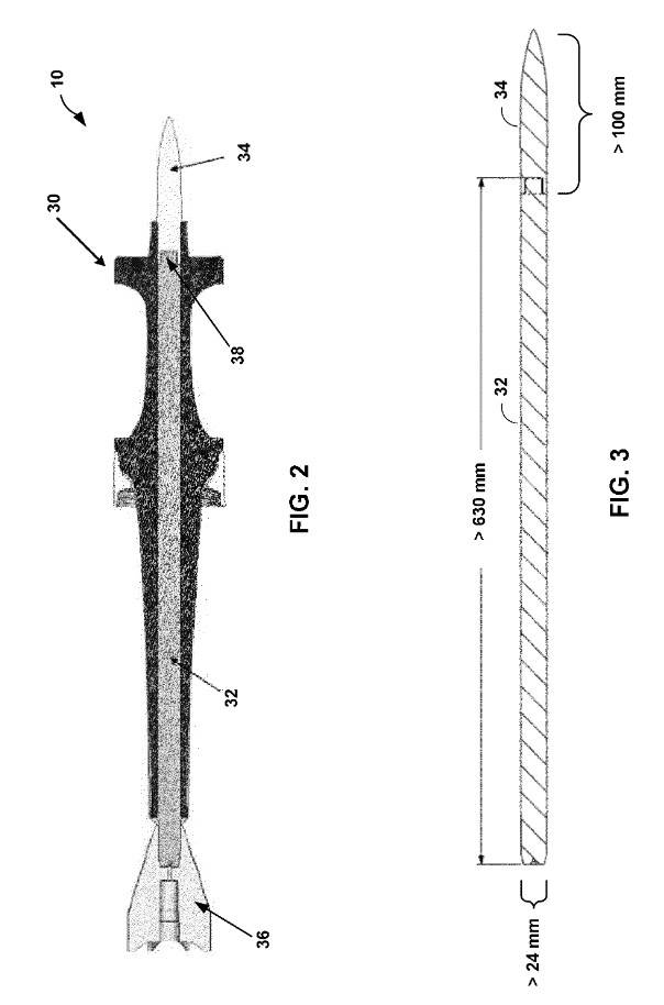 米国特許のデバイス M829A3。 30 - 駆動装置、32 - 固体ウラン核、34 - 鋼の先端、38 - 鋼の先端がウラン棒に取り付けられる場所