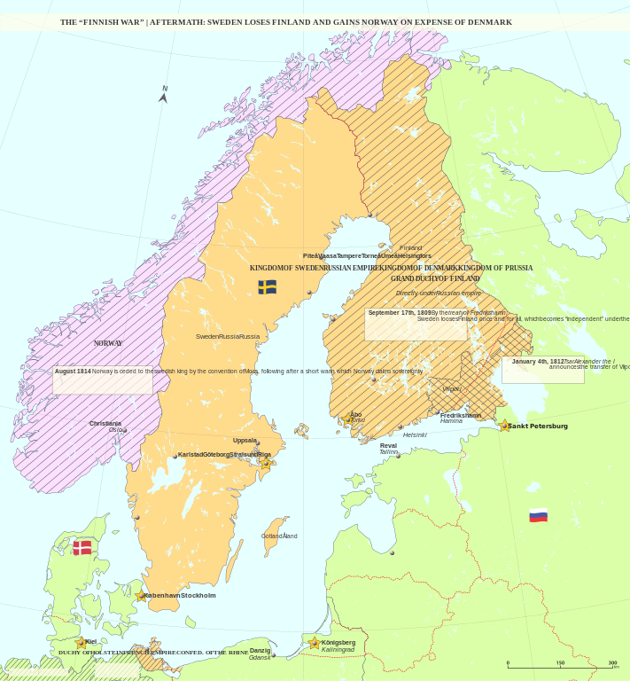 Svédország területi veszteségei az 1808–1809-es háborút követően.