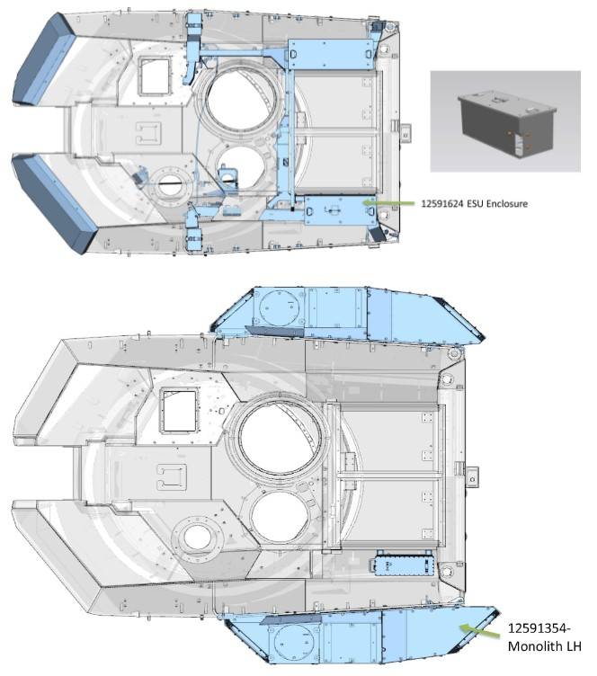 Schéma d'installation du KAZ Trophy sur la tourelle Abrams. Les nuances de bleu montrent les batteries, les radars et autres équipements, ainsi que les contrepoids à l'avant de la tour.