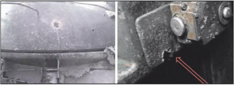 Eine Gvozdika-Granate traf die rechte Seite des T-54/55-Turms. Der kumulative Strahl durchbohrte die Panzerung, passierte den Ladesimulator (bedingt getötet) und traf den Verschluss der Waffe. Der Panzer war völlig außer Gefecht gesetzt: Sowohl das Geschütz blockierte als auch sein Verschluss war kaputt