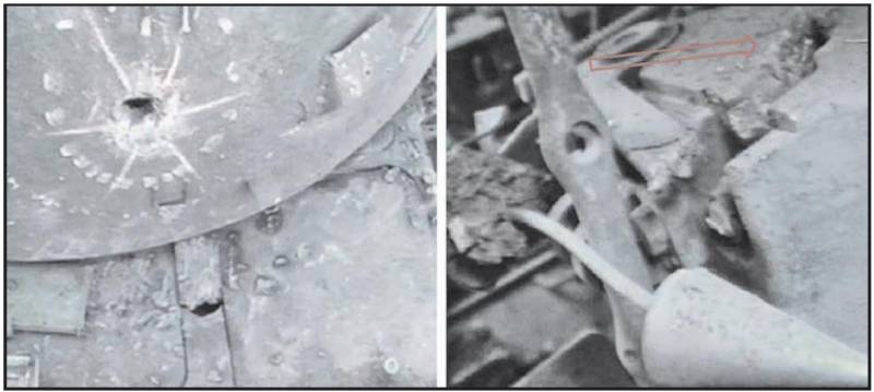 Un obus Gvozdika touche l'arrière d'une tourelle T-54/55. Le jet cumulatif, ayant percé le blindage, s'est arrêté au niveau de la culasse du canon, qui a été arrachée de ses supports et avancée de quelques centimètres. Parmi l'équipage, seul le conducteur pouvait être assuré de survivre sans blessure. S'il y a des tirs réels dans le râtelier à munitions de la tourelle - détonation ou incendie avec destruction complète du char. À propos, la force de l'explosion de l'obus a déformé le toit du compartiment moteur et transmission.