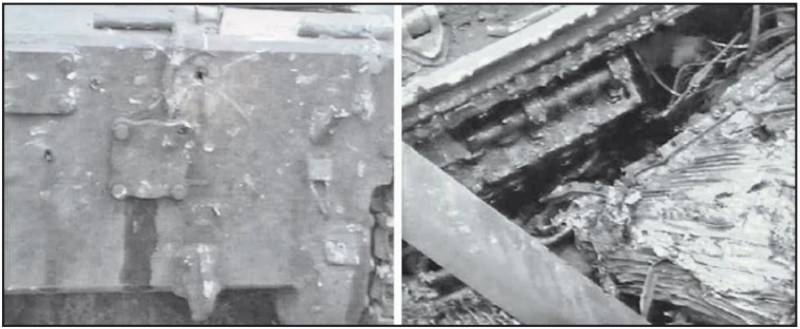 Un obus Gvozdika touche la plaque de blindage arrière de la coque d'un char. Après avoir percé le blindage, le jet cumulatif a déchiré le radiateur du système de refroidissement du moteur (à droite sur la photo) et a pénétré dans le compartiment de combat. Tous les pétroliers de la tourelle auraient été blessés. Le char est immobilisé et nécessite de sérieuses réparations