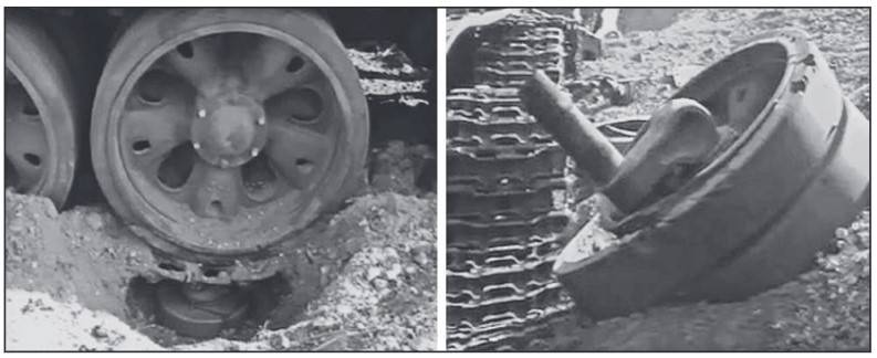 Detonacja miny TM-62P3 pod drugim kołem jezdnym T-54. W lewo – przed, w prawo – po