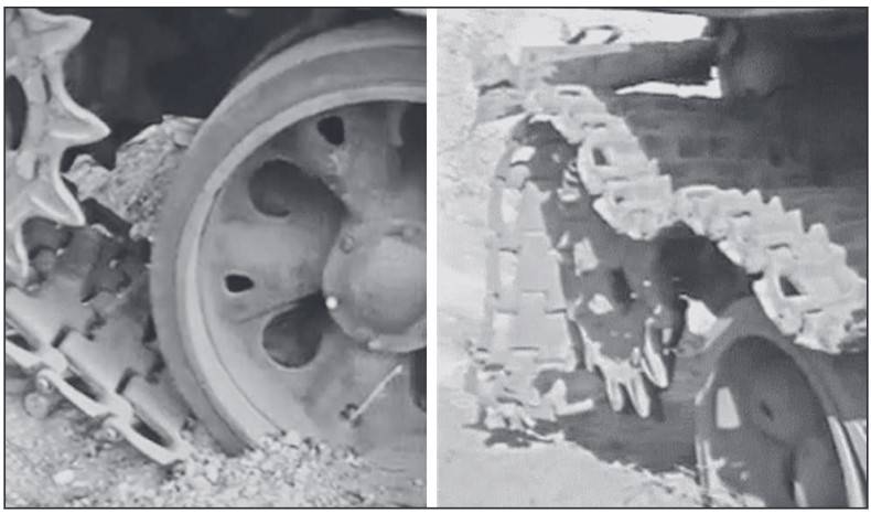 Detonacja miny TM-62P3 pod kołem napędowym czołgu T-54. W lewo – przed, w prawo – po