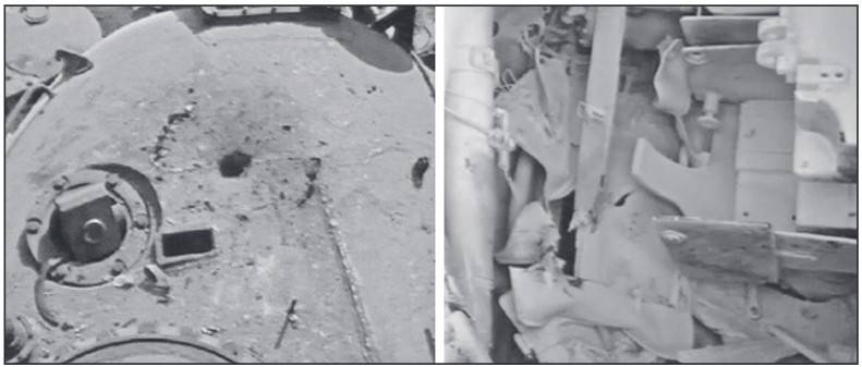 Consequências da explosão de uma mina UKA-63 no telhado de uma torre T-54