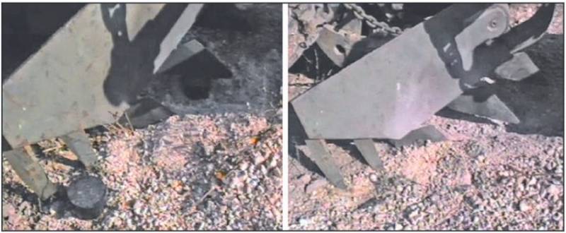 Consequências da detonação de uma mina GYATA-64 na seção faca da rede de arrasto. À esquerda está uma foto antes da explosão, à direita está depois
