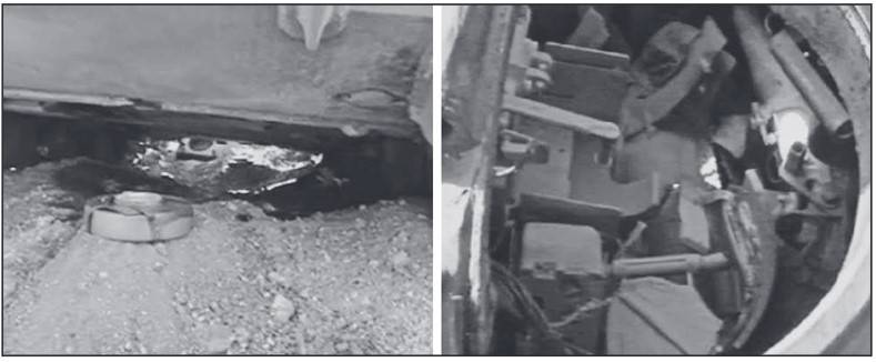 Detonação de uma mina TM-62P3 sob o fundo de um T-54. Esquerda – antes, direita – consequências de uma explosão dentro do tanque