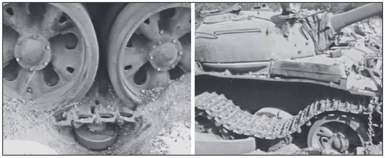 Detonacja miny TM-62P3 pomiędzy trzecim i czwartym kołem jezdnym T-54. W lewo – przed, w prawo – po