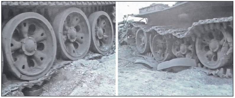 Na lewym zdjęciu umiejscowienie miny przeciwpancernej UKA-63 pod gąsienicą i kołami jezdnymi. Skutki eksplozji przedstawiono po prawej stronie.