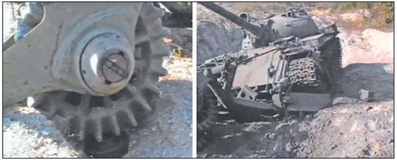 Colocação da mina UKA-63 sob o rolo KMT-5 à esquerda e as consequências da explosão à direita