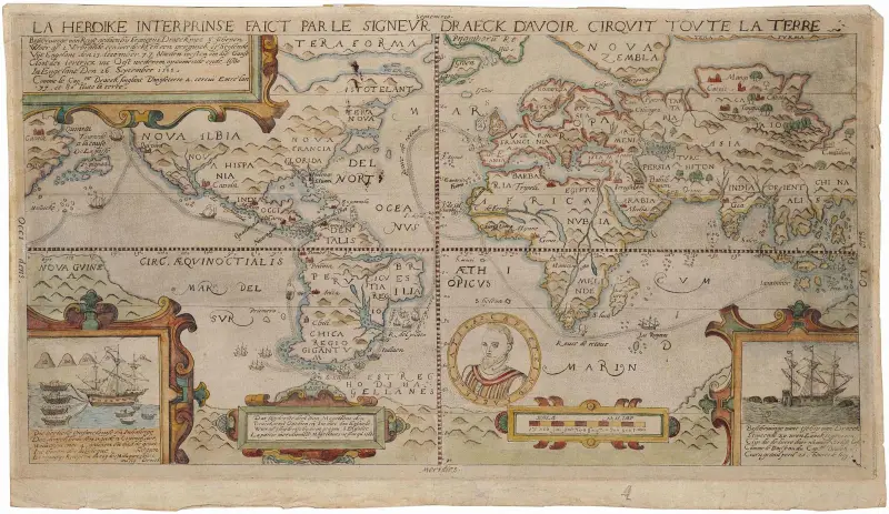 Гравированная карта мира с указанием маршрута Дрейка
