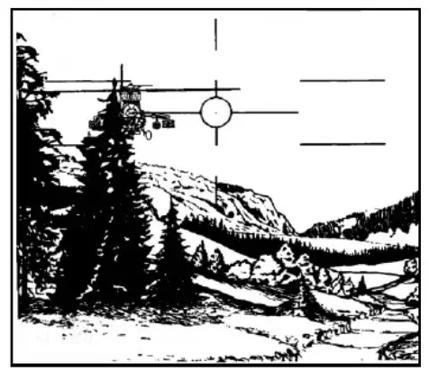 M830A1 発射体を発射する際に空中ターゲットが自然障害物の背後にある場合の照準マークの変位の例