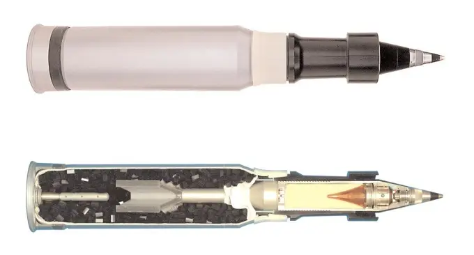 A unitary shot with a multi-purpose cumulative fragmentation projectile M830A1 in section. At first, like its predecessor, the M830A1 was called HEAT-MP-T, but it is better known as MPAT (Multi Purpose Anti-Tank). Shot length: 984 mm. Shot weight: 24.68 kg. Projectile length: 778 mm. Projectile weight: 11.4 kg. Initial speed: 1410 m/s. Mass of explosive: 966 grams.