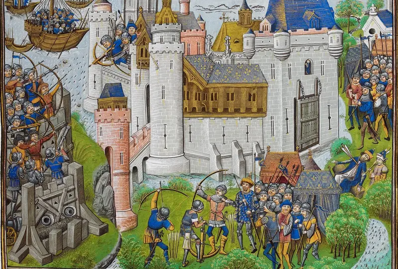 1377'de Bordeaux yakınlarındaki Mortagne kalesinin kuşatmasını tasvir eden minyatür
