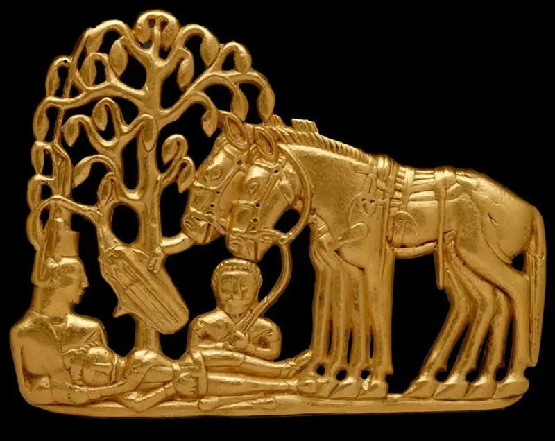 Người Scythia cưỡi ngựa dưới gốc cây. Một phần của vành đai. Siberia, thế kỷ IV-III. BC. Ẩn thất