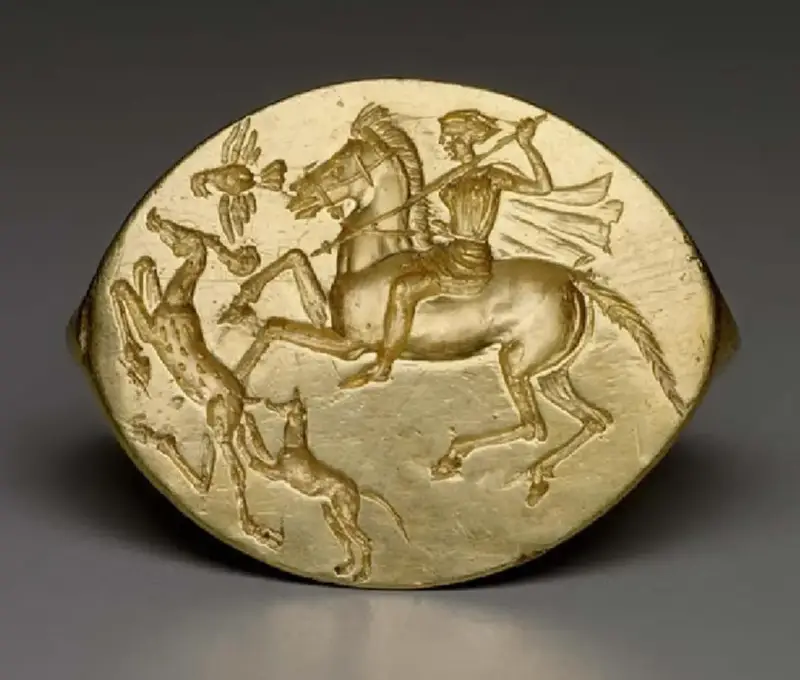 Bague en or représentant une chasse au cerf, 450-400 après JC. AVANT JC. Musée des Beaux-Arts de Boston