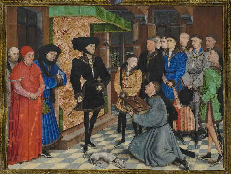 Filippo il Buono, accompagnato dal figlio Carlo e dal cancelliere Nicolas Rolin c. 1447 (dal manoscritto della Cronaca dell'Hainaut)